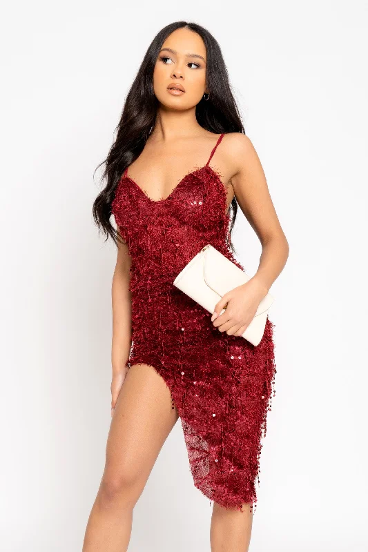 Feeling Flirty Berry Red Sequin Fluffy Tassel Fringe Asymmetric Strappy Dress