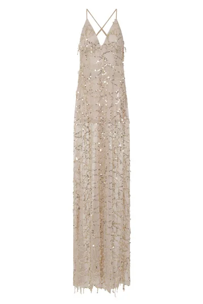 Keysha Nude Sheer Sequin Tassel Fringe Double Slit Dress