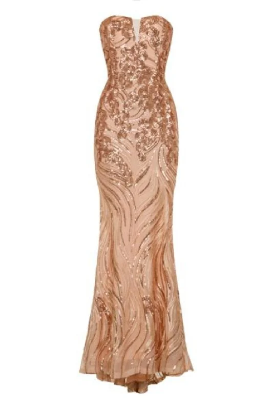 Lavish Gold Luxe Sweetheart Mesh Plunge Petal Sequin Fishtail Dress