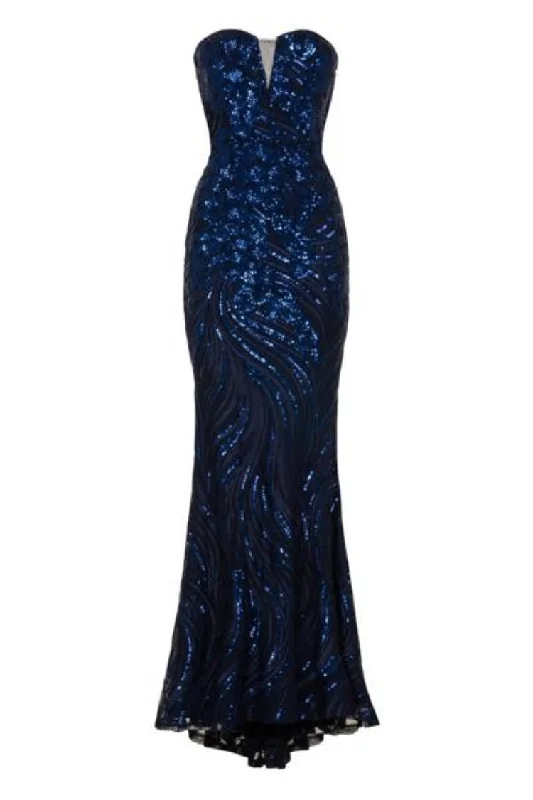 Lavish Navy Luxe Sweetheart Mesh Plunge Petal Sequin Fishtail Dress