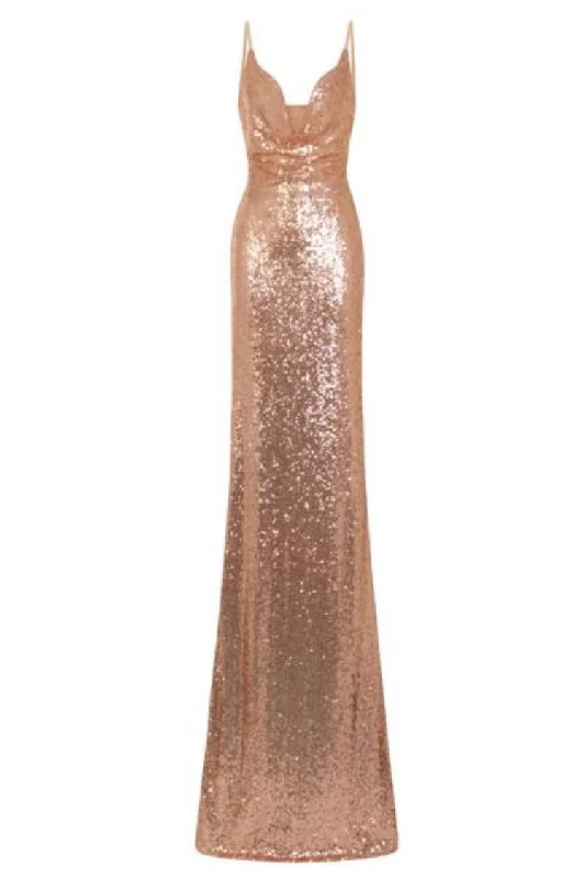 Saint Rose Gold Cowl Plunge Sequin Slinky Side Slit Fishtail Dress