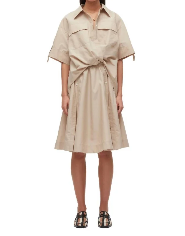 Short Sleeve Draped Shirt Dress In Khaki