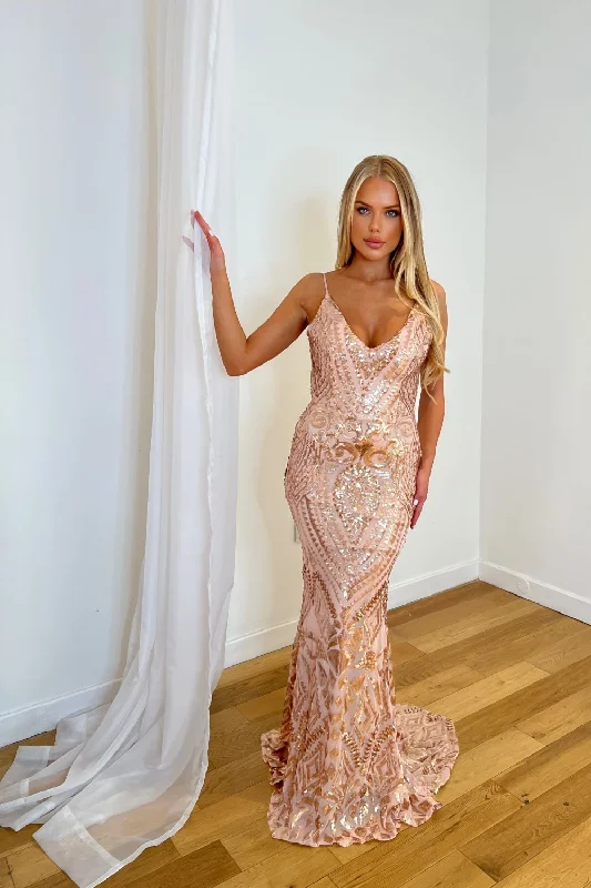 Spotlight Rose Gold Vip Luxe Sequin Backless Mermaid Fishtail Dress