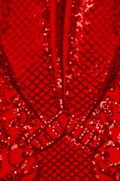 Valentina Red Luxe Brocade Sequin Plunge Feather Dress