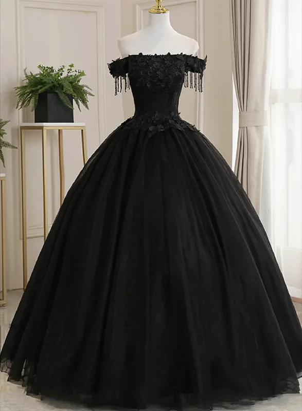 Black Off Shoulder Tulle Ball Gown With Lace Sweet 16 Dress, Black Long Evening Dress Y1143