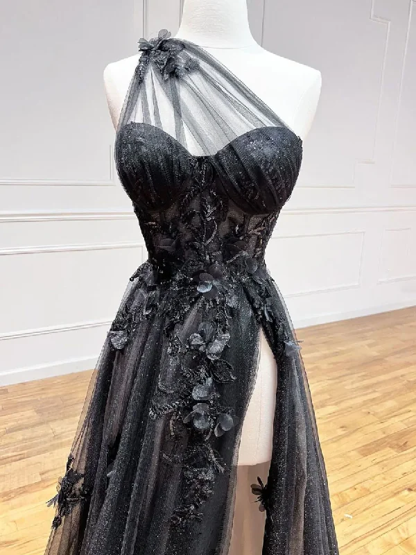 Black Tulle One Shoulder Long Prom Dress with Leg Slit, Black Evening Gown Y1146