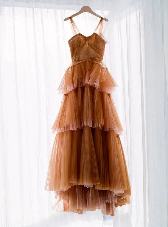 Brown tulle long prom dress, evening dress Y1257