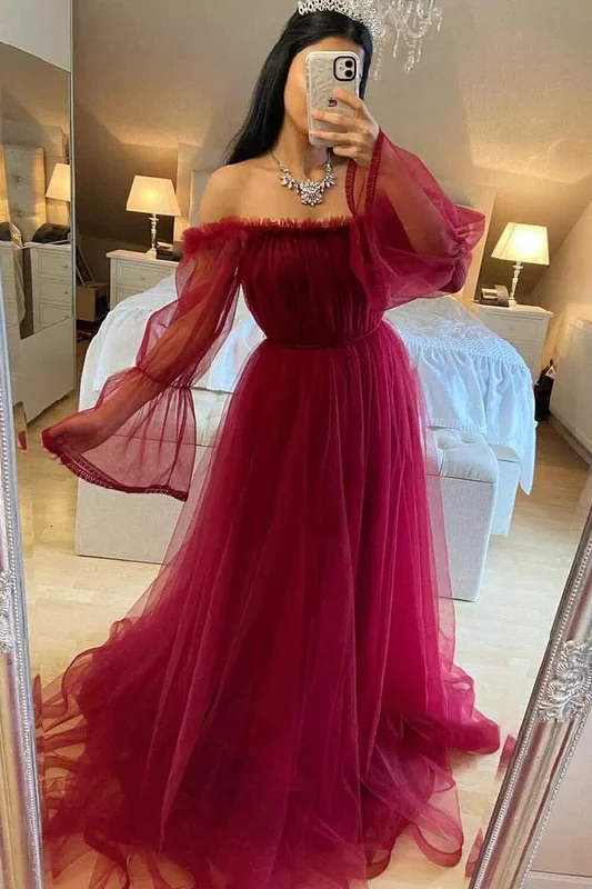 Burgundy Tulle Evening Dress With Long Sleeves Y503