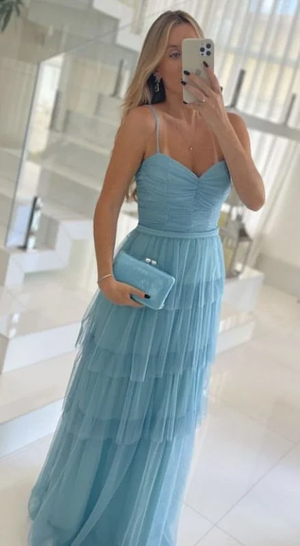 Charming A Line V Neck Blue Multi Tulle Long Prom Dresses Y4821