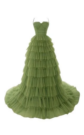 Elegant Spaghetti Straps Tulle Prom Dress,Olive Green Evening Gown Y1244