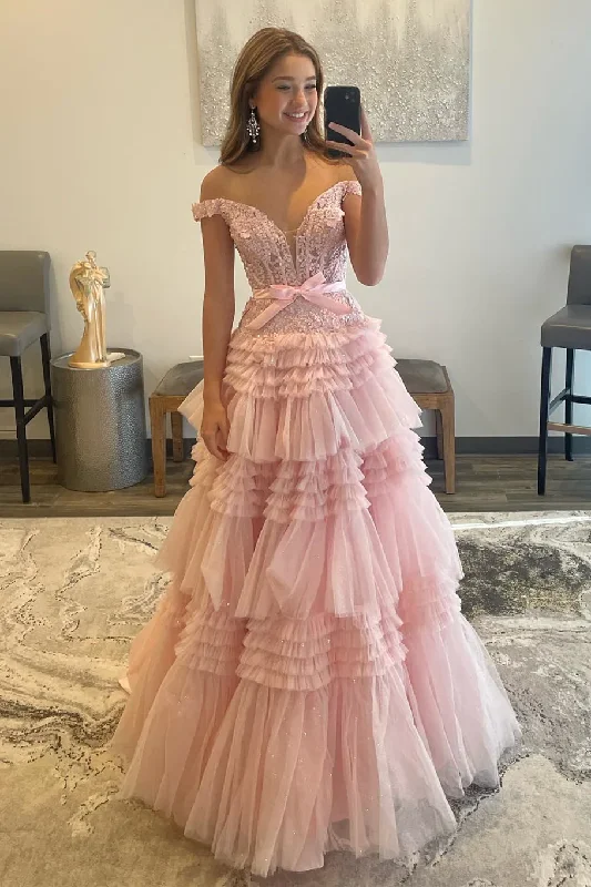 Pink Tulle Lace Off-the-Shoulder Ruffles Tiered Long Prom Dress Y4674