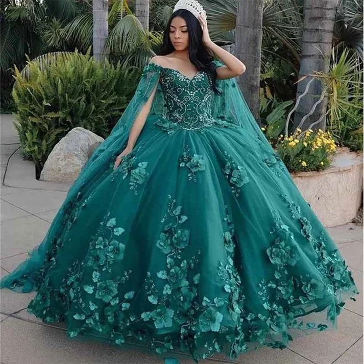 Princess Quinceanera Dress Off Shoulder Sweetheart Beading With 3D Flowers Ball Gown Cloak Tulle Robe De Soirée Y4334