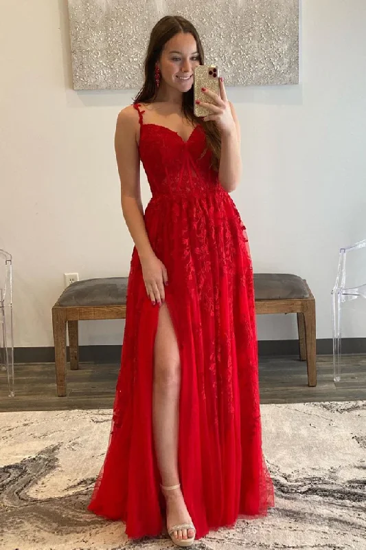 V Neck Tulle Red Lace Long Prom Dress with High Slit, Red Lace Formal Dress, Red Evening Dress Y217